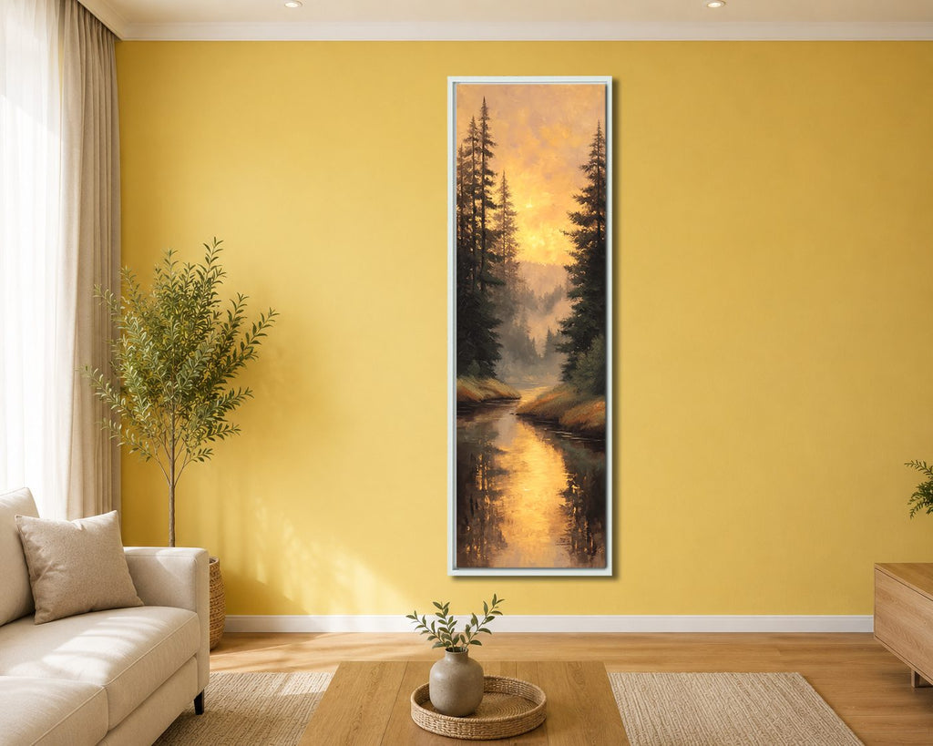 Golden Sunset Forest River canvas wall art, white floating frame