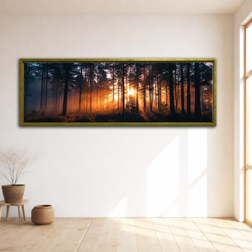 Golden Sunset Through Dark Forest canvas wall art, gold floating frame