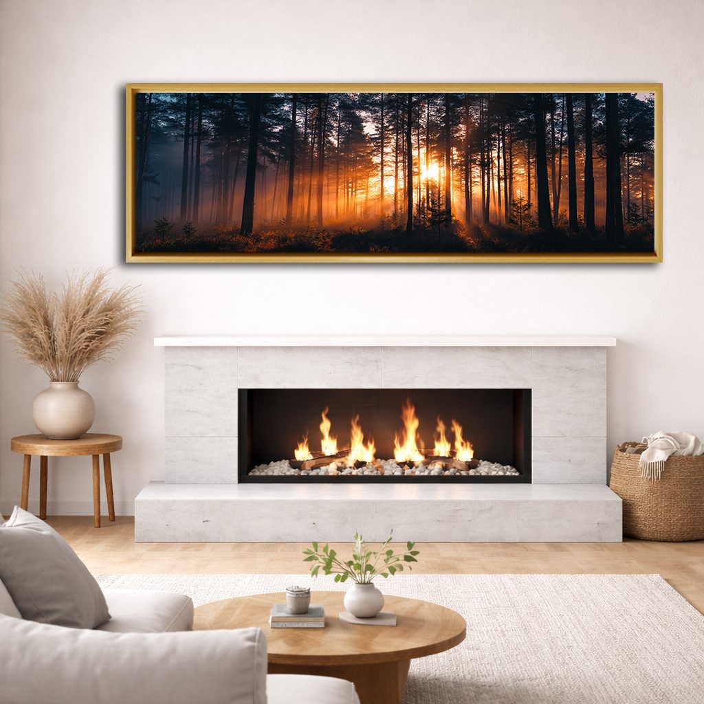 Golden Sunset Through Dark Forest canvas wall art, natural wood floating frame
