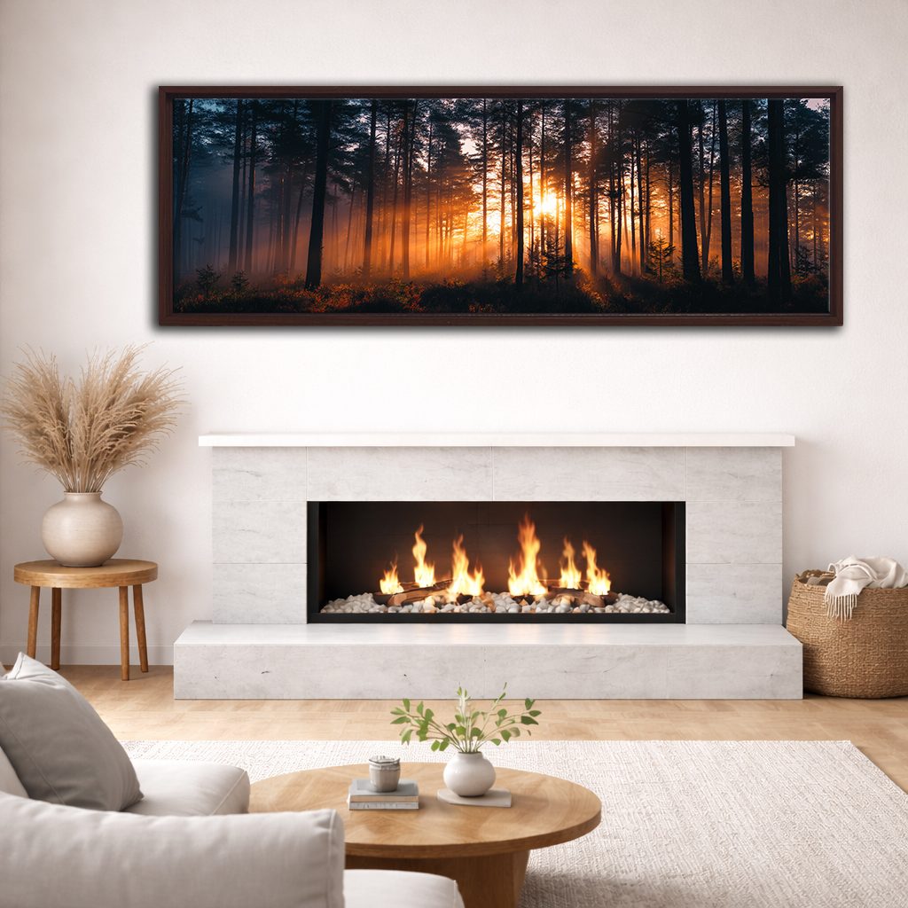 Golden Sunset Through Dark Forest canvas wall art, walnut floating frame