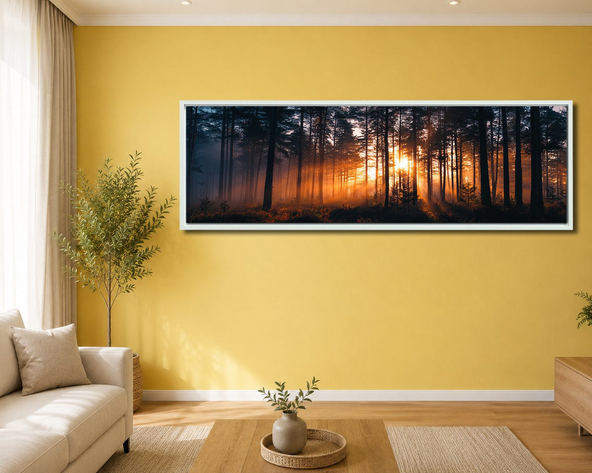 Golden Sunset Through Dark Forest canvas wall art, white floating frame