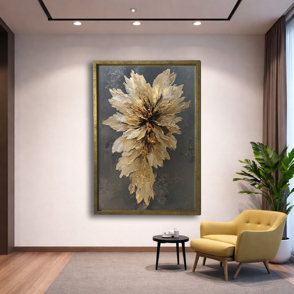 Golden Textured Flower Bloom canvas wall art, gold floating frame