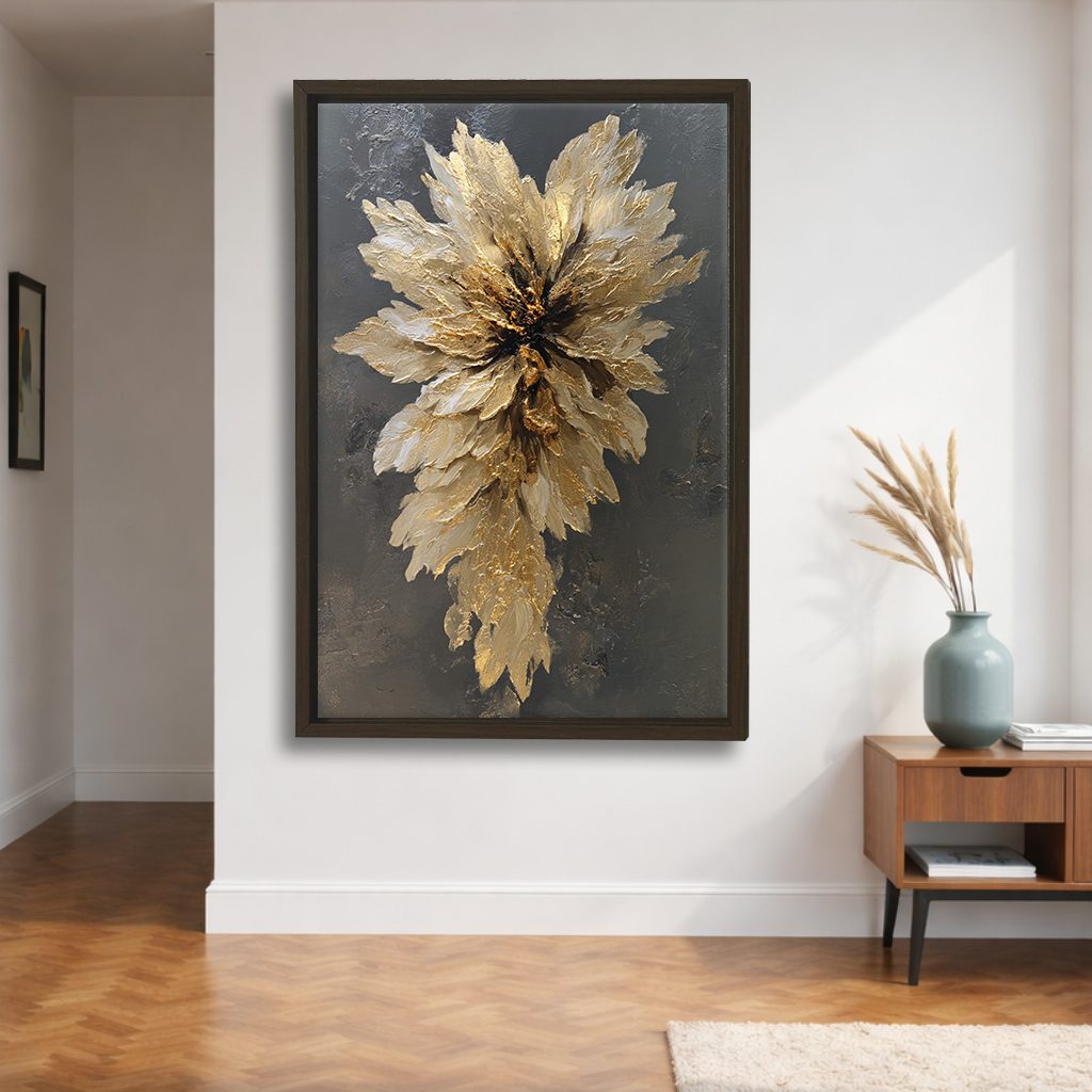 Golden Textured Flower Bloom canvas wall art, walnut floating frame