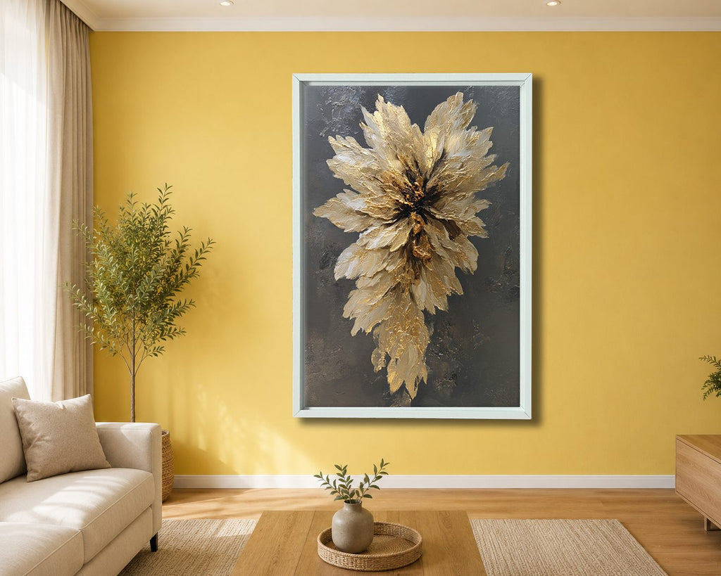 Golden Textured Flower Bloom canvas wall art, white floating frame