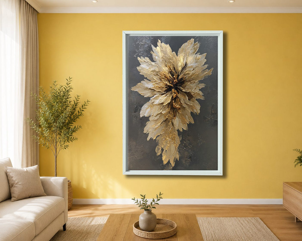 Golden Textured Flower Bloom canvas wall art, white floating frame