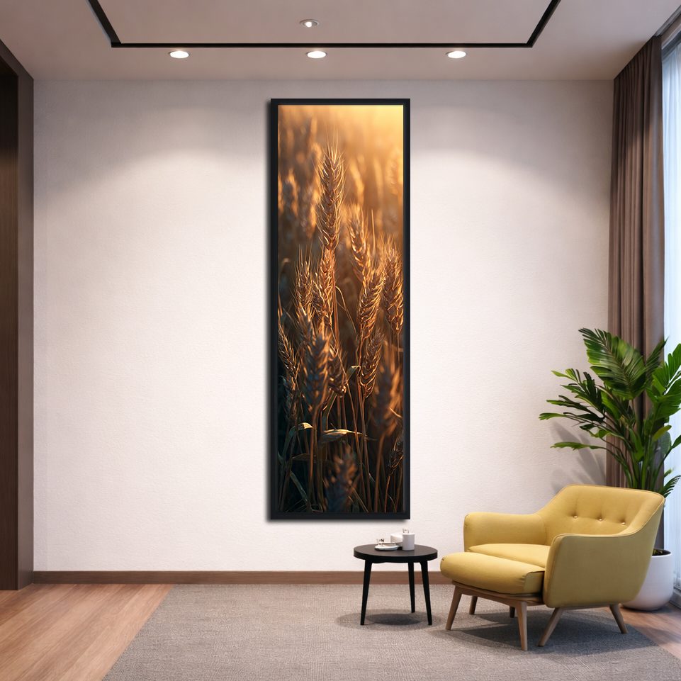 Golden Wheat at Sunset canvas wall art, black floating frame