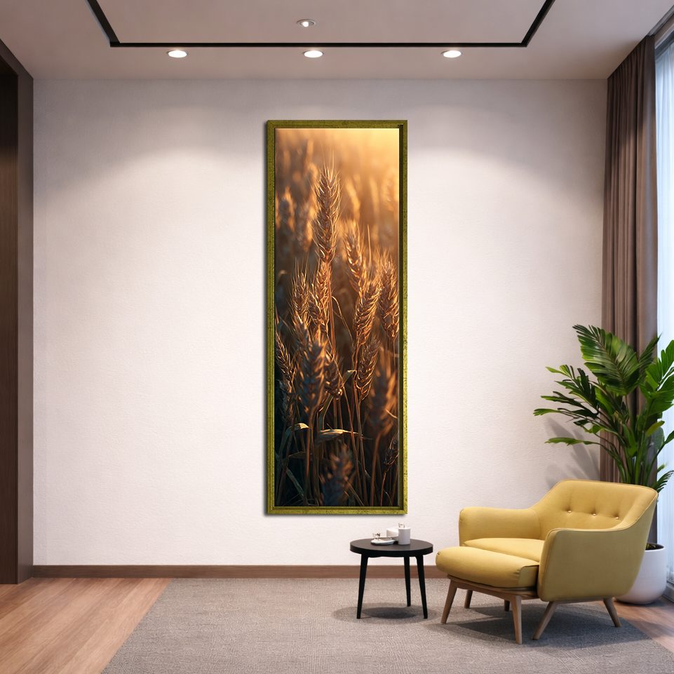 Golden Wheat at Sunset canvas wall art, gold floating frame