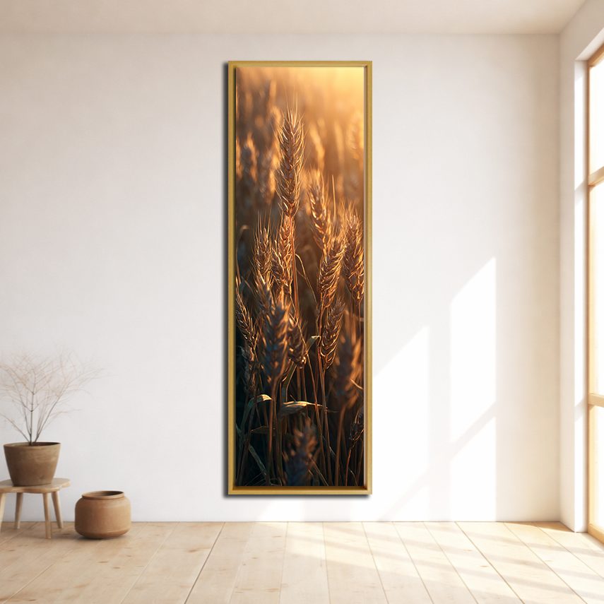 Golden Wheat at Sunset canvas wall art, natural wood floating frame