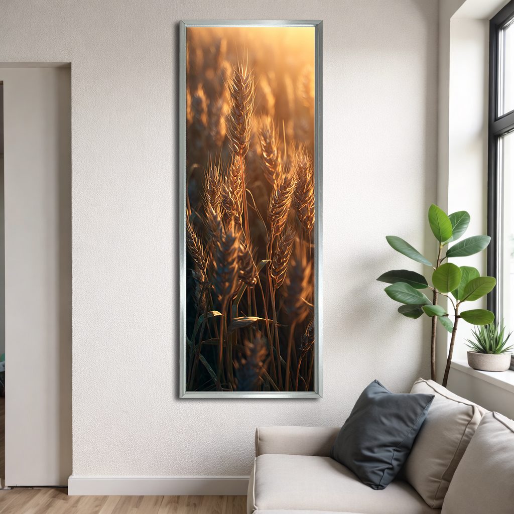 Golden Wheat at Sunset canvas wall art, silver floating frame