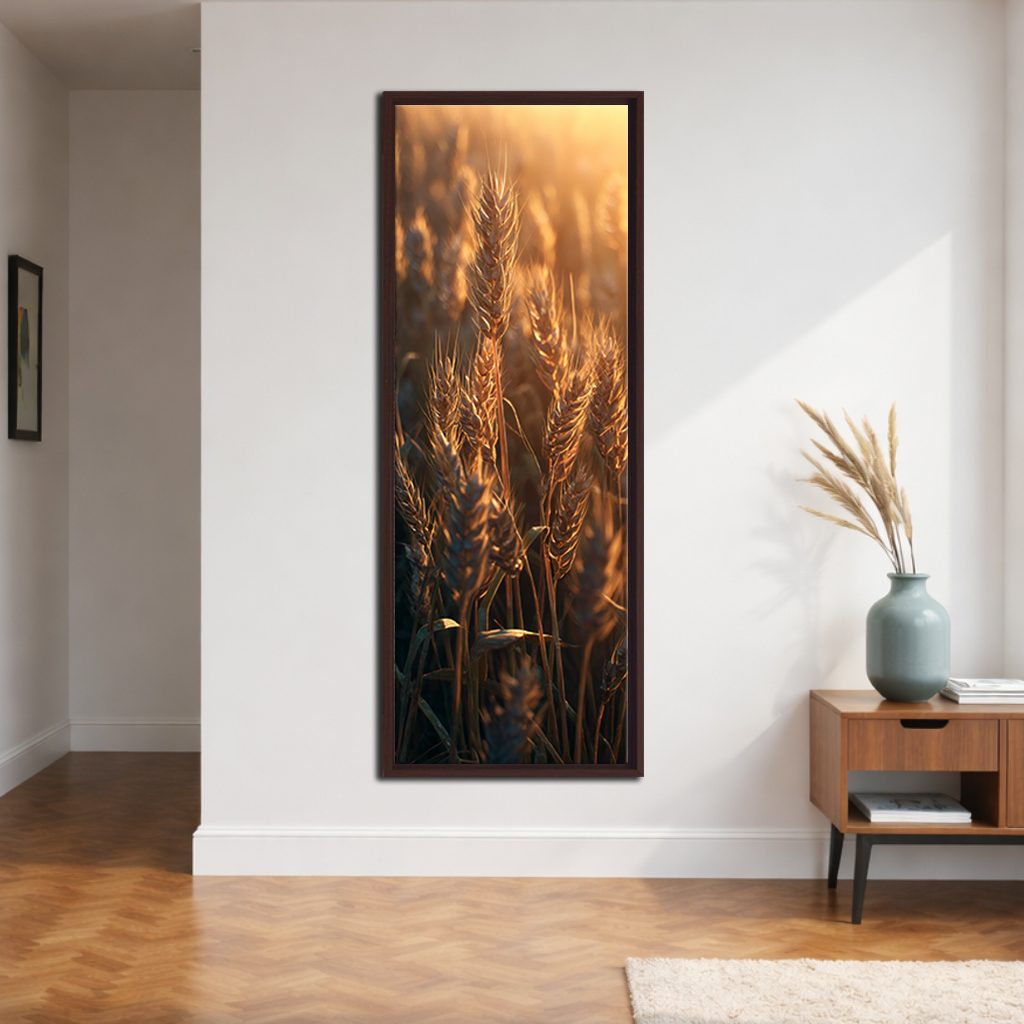 Golden Wheat at Sunset canvas wall art, walnut floating frame