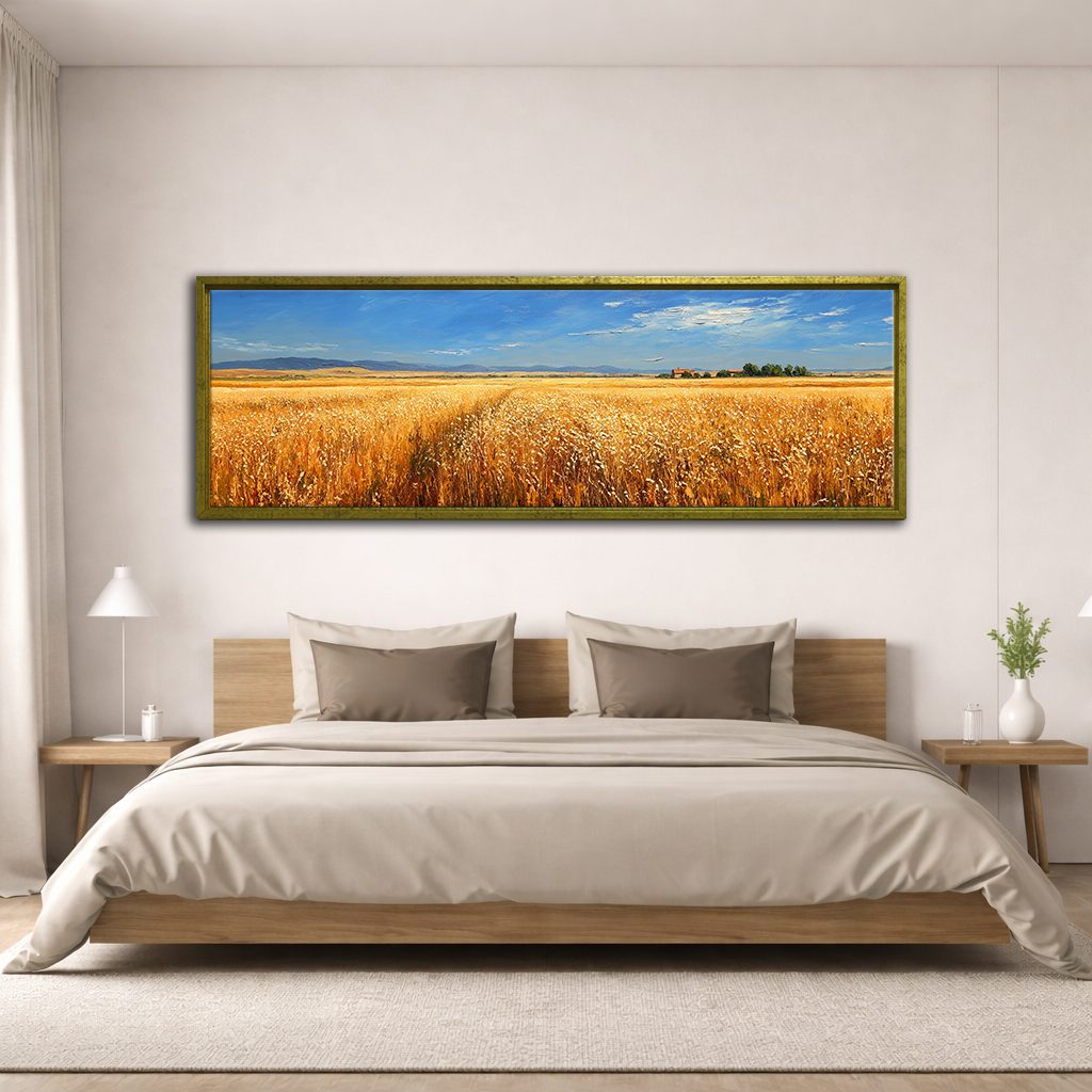 Golden Wheat Field Countryside canvas wall art, antique gold floating frame