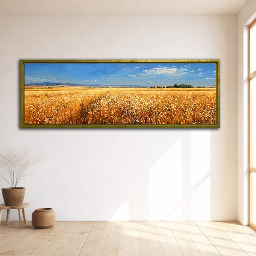 Golden Wheat Field Countryside canvas wall art, gold floating frame