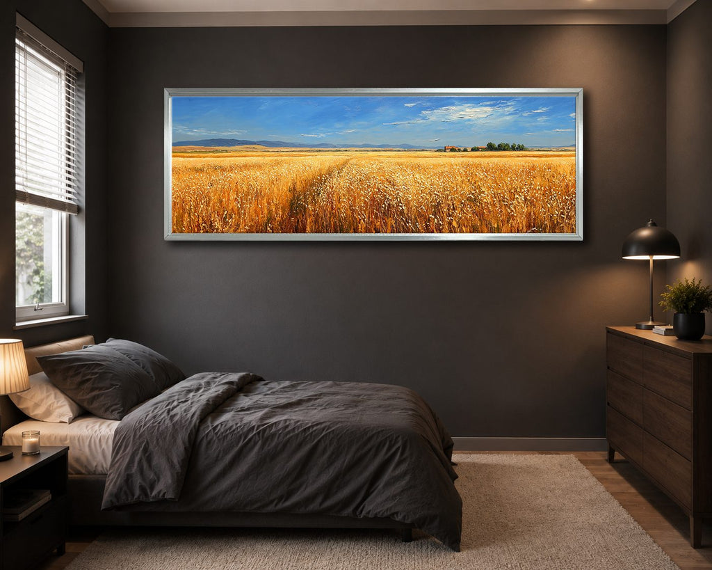 Golden Wheat Field Countryside canvas wall art, silver floating frame