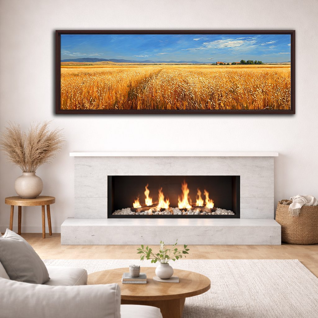 Golden Wheat Field Countryside canvas wall art, walnut floating frame