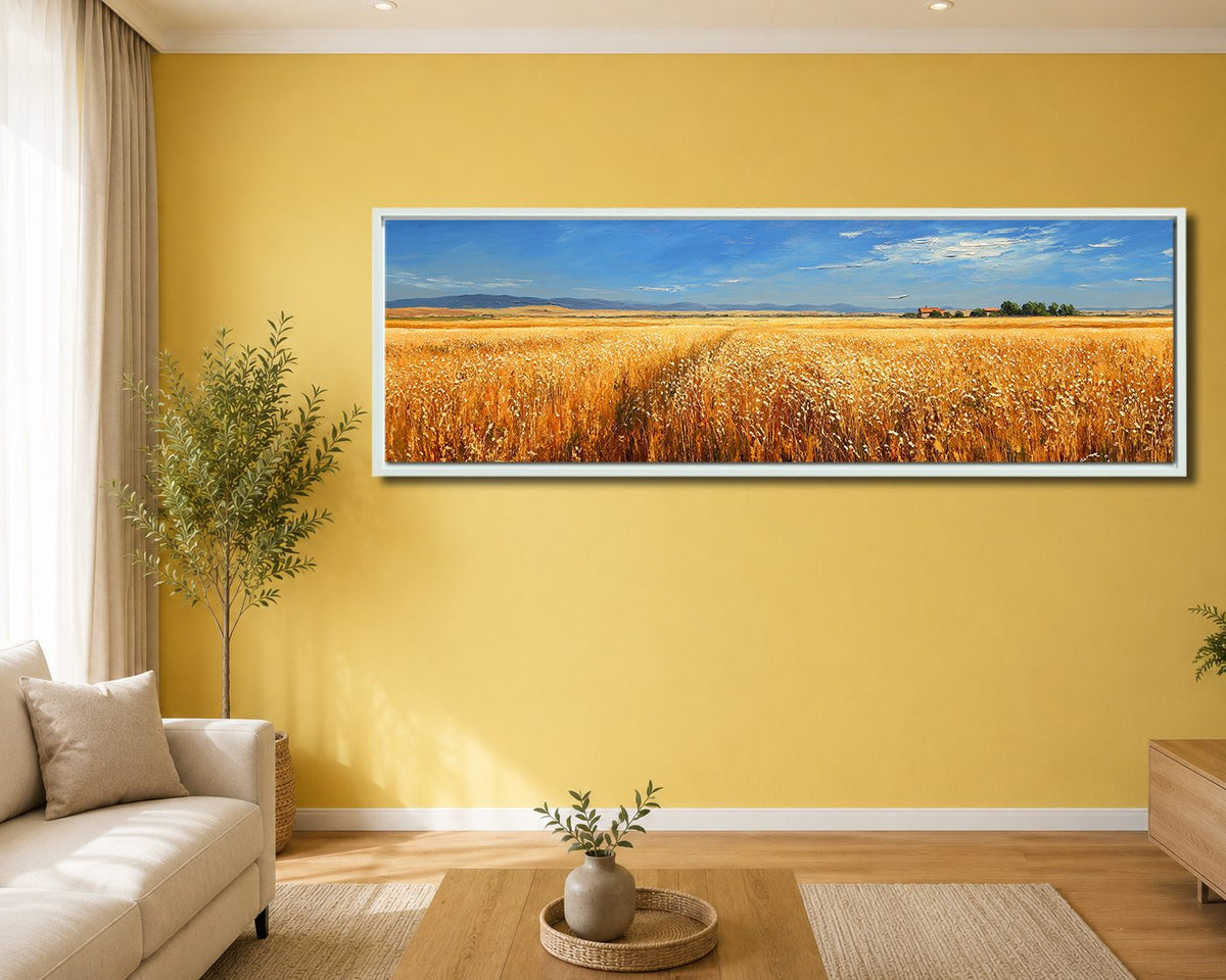 Golden Wheat Field Countryside canvas wall art, white floating frame