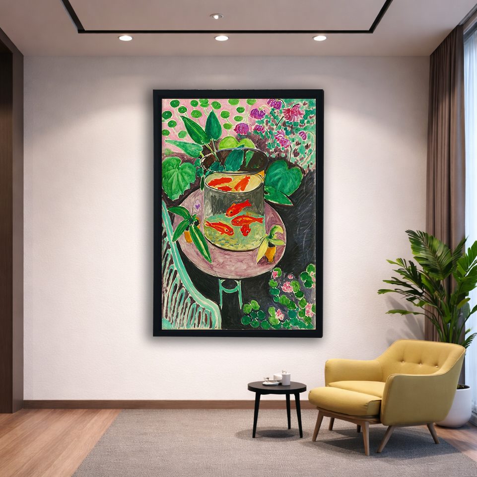Goldfish by Henri Matisse canvas wall art, black floating frame