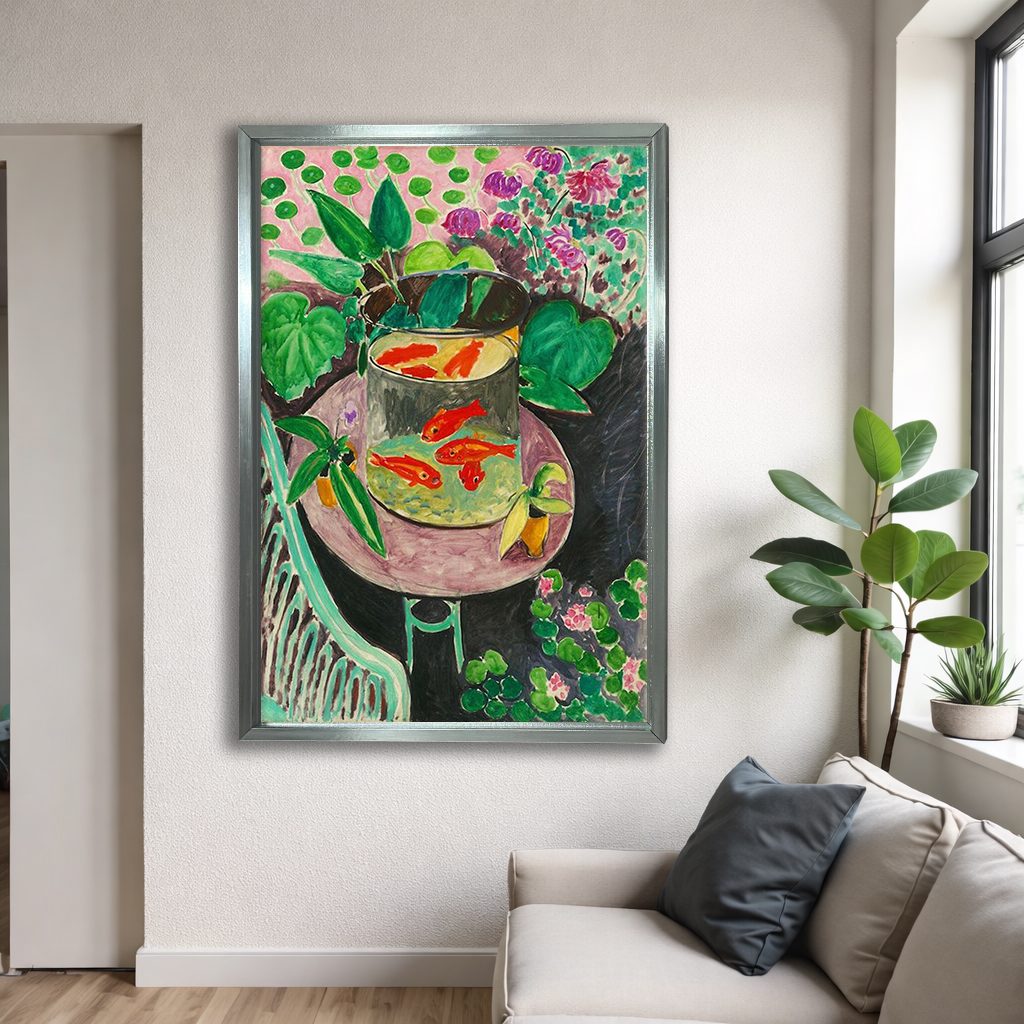 Goldfish by Henri Matisse canvas wall art, silver floating frame