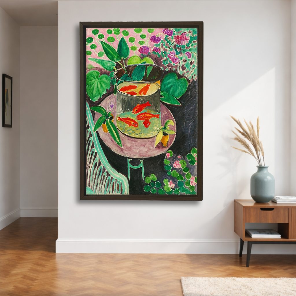 Goldfish by Henri Matisse canvas wall art, walnut floating frame