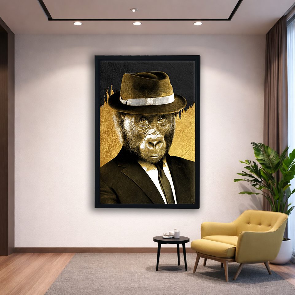 Gorilla in Fedora and Suit canvas wall art, black floating frame