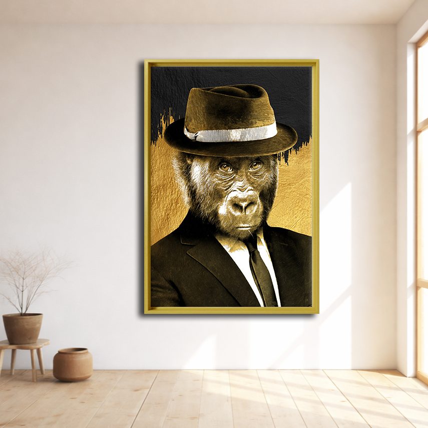 Gorilla in Fedora and Suit canvas wall art, natural wood floating frame