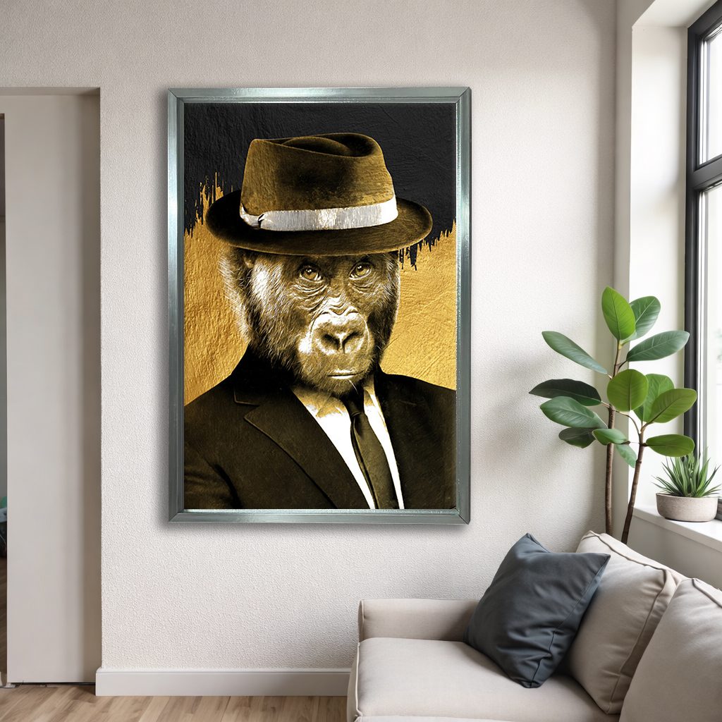 Gorilla in Fedora and Suit canvas wall art, silver floating frame