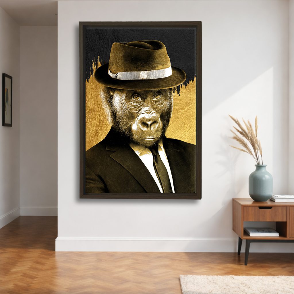 Gorilla in Fedora and Suit canvas wall art, walnut floating frame