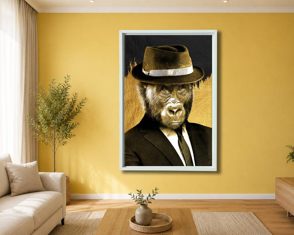 Gorilla in Fedora and Suit canvas wall art, white floating frame