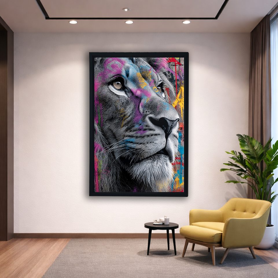 Graffiti Lion Face Pop Art canvas wall art, black floating frame