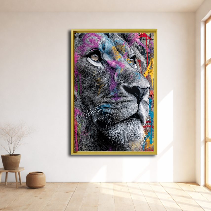 Graffiti Lion Face Pop Art canvas wall art, natural wood floating frame