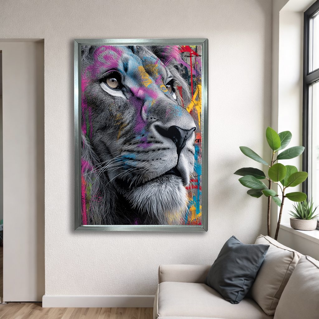 Graffiti Lion Face Pop Art canvas wall art, silver floating frame