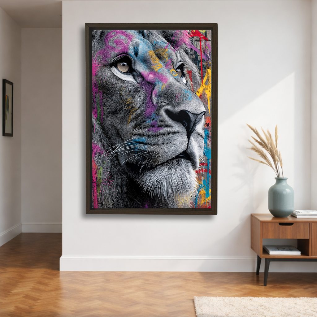 Graffiti Lion Face Pop Art canvas wall art, walnut floating frame