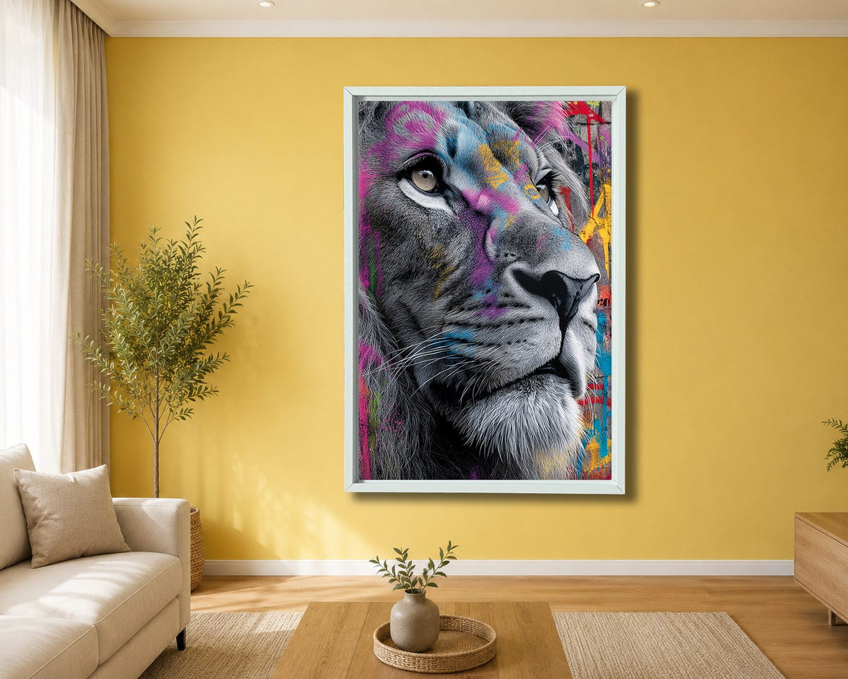 Graffiti Lion Face Pop Art canvas wall art, white floating frame