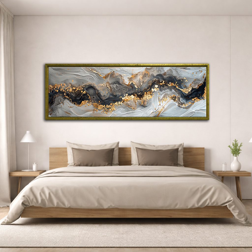 Gray and Gold Marble Abstract canvas wall art, antique gold floating frame