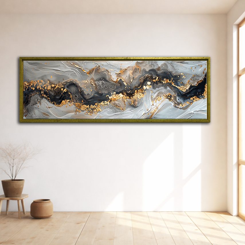 Gray and Gold Marble Abstract canvas wall art, gold floating frame