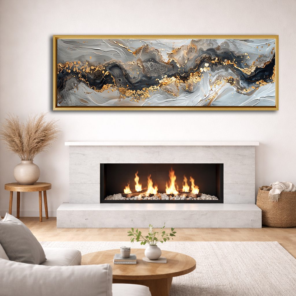 Gray and Gold Marble Abstract canvas wall art, natural wood floating frame