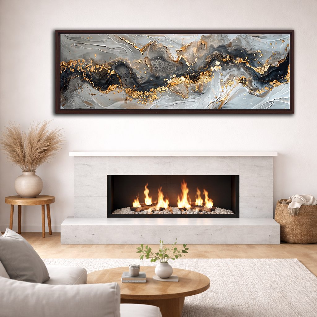 Gray and Gold Marble Abstract canvas wall art, walnut floating frame