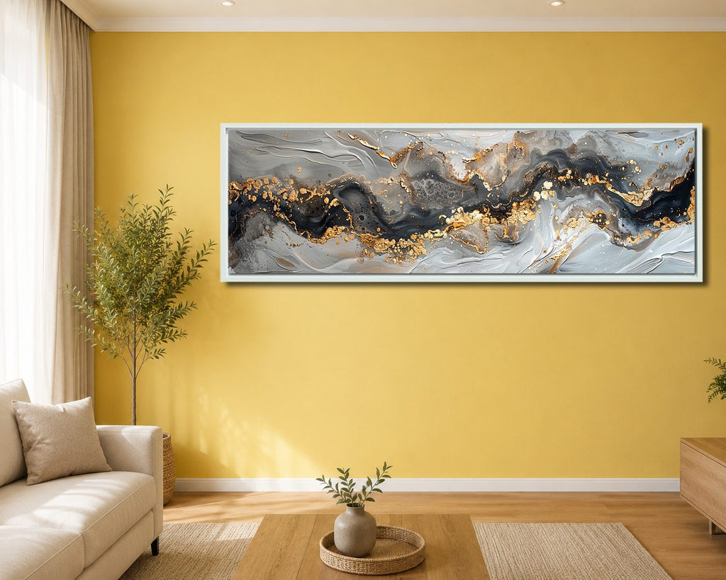 Gray and Gold Marble Abstract canvas wall art, white floating frame