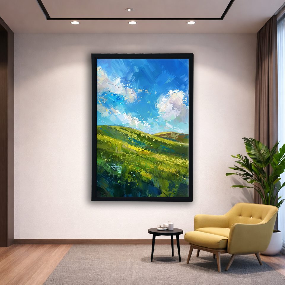 Green Hills and Blue Sky canvas wall art, black floating frame