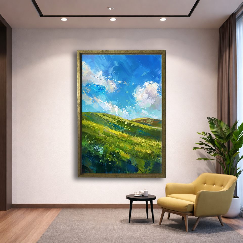 Green Hills and Blue Sky canvas wall art, gold floating frame