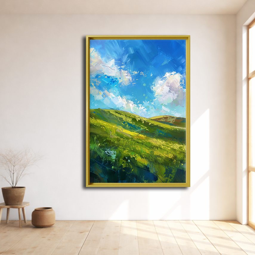 Green Hills and Blue Sky canvas wall art, natural wood floating frame