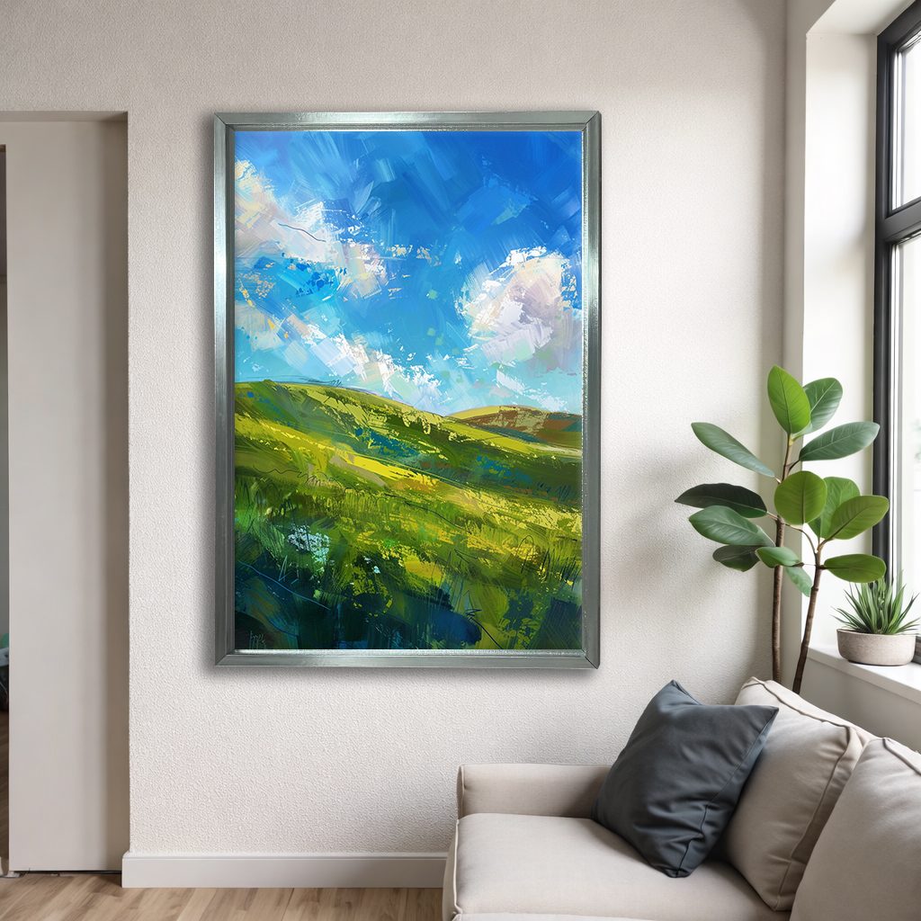 Green Hills and Blue Sky canvas wall art, silver floating frame