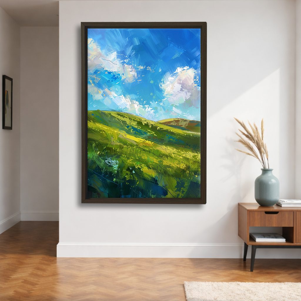 Green Hills and Blue Sky canvas wall art, walnut floating frame