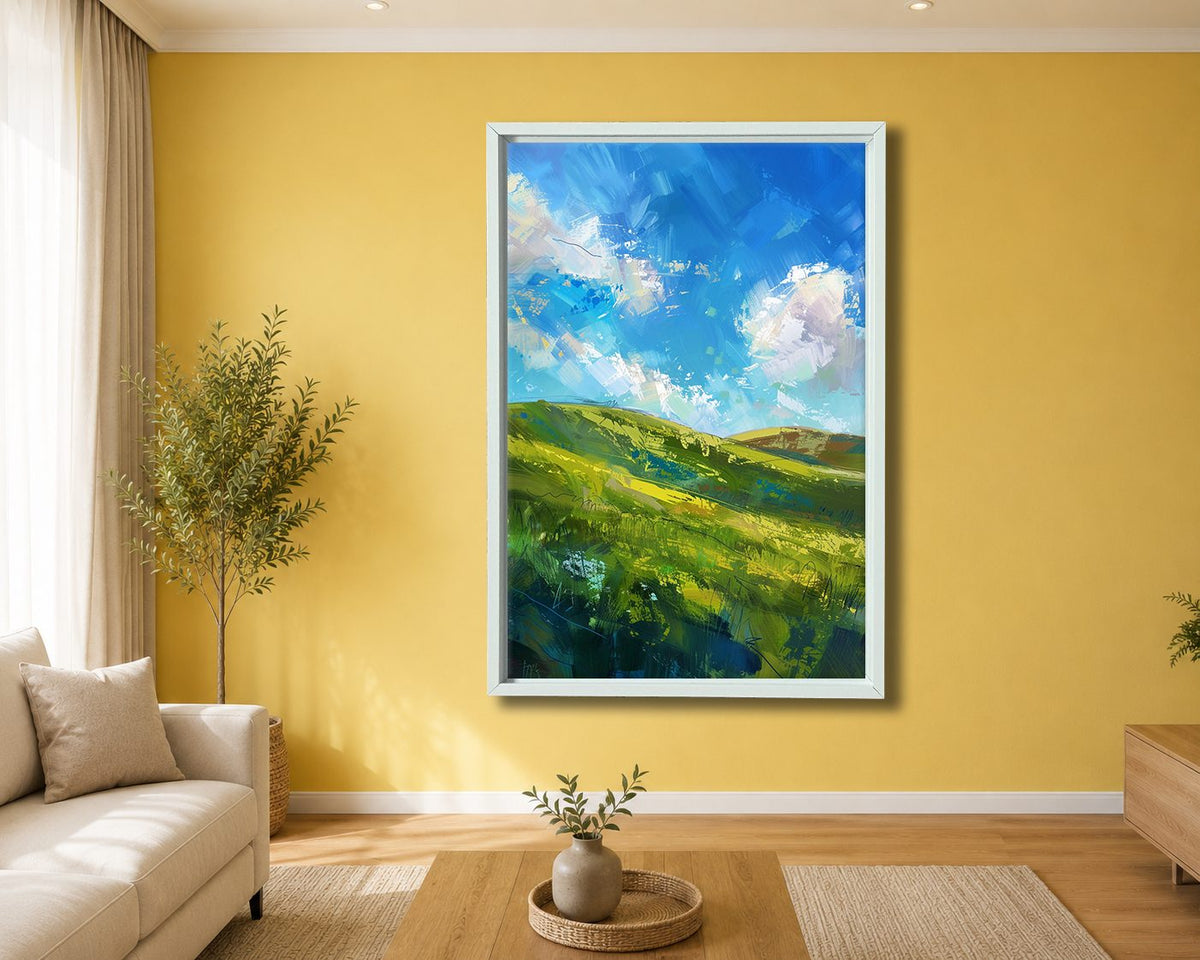 Green Hills and Blue Sky canvas wall art, white floating frame