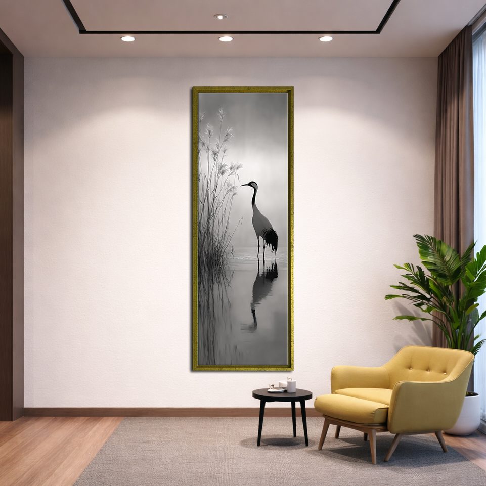 Heron in Misty Lake canvas wall art, gold floating frame