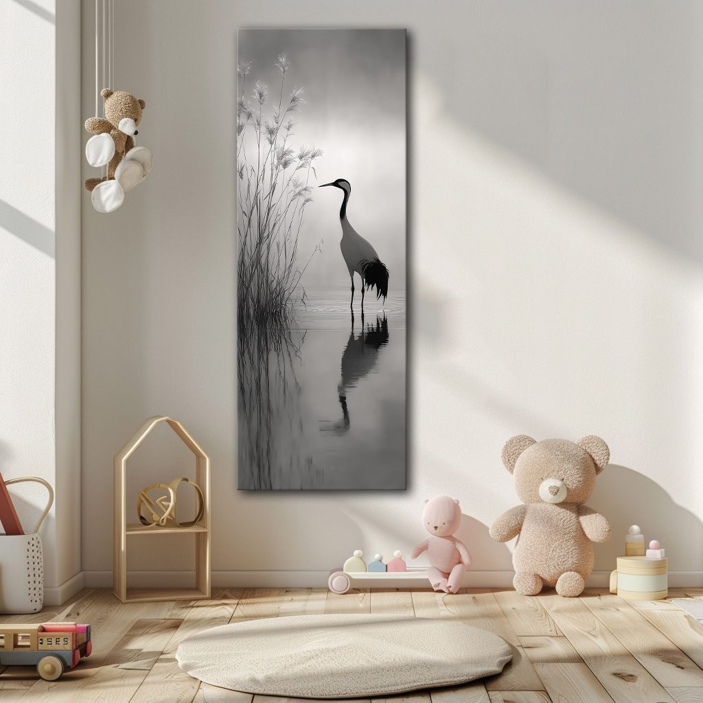 Heron in Misty Lake canvas wall art, unframed canvas