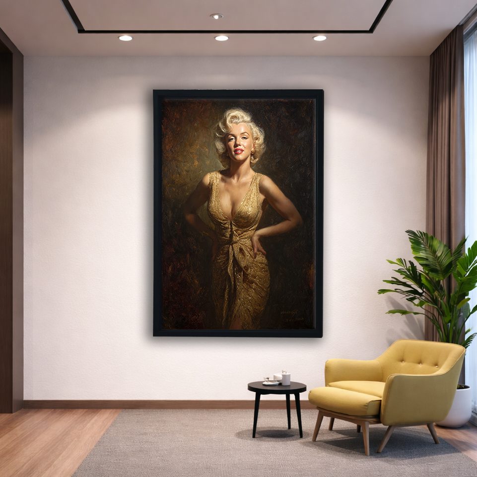 Hollywood Blonde Icon in Gold Dress canvas wall art, black floating frame