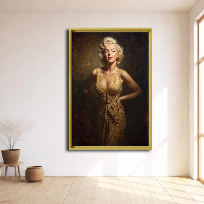 Hollywood Blonde Icon in Gold Dress canvas wall art, natural wood floating frame