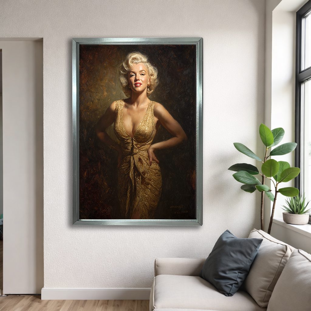 Hollywood Blonde Icon in Gold Dress canvas wall art, silver floating frame