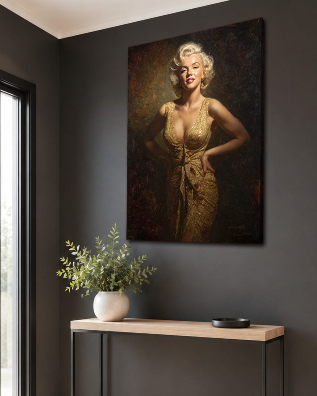 Hollywood Blonde Icon in Gold Dress canvas wall art, unframed canvas