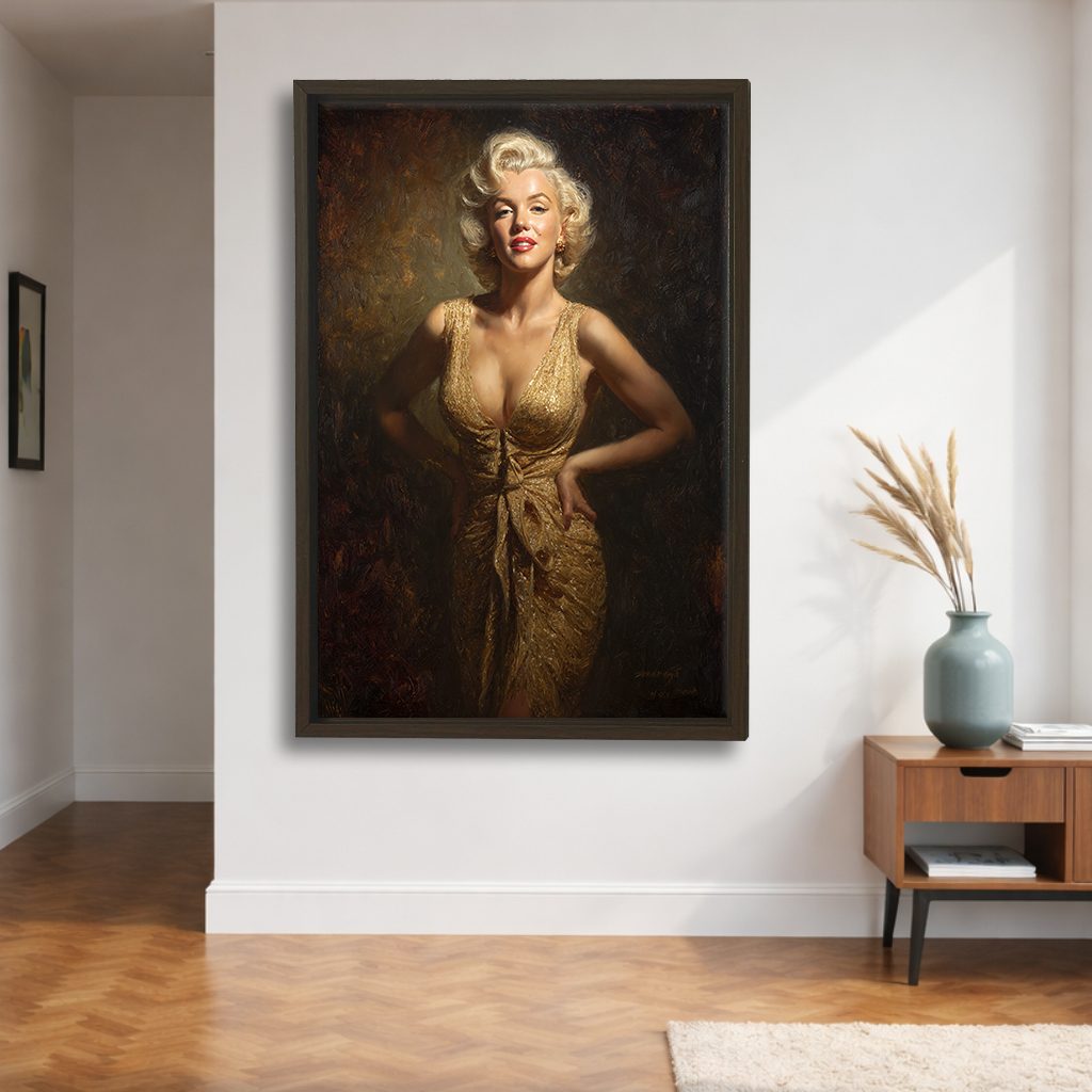 Hollywood Blonde Icon in Gold Dress canvas wall art, walnut floating frame